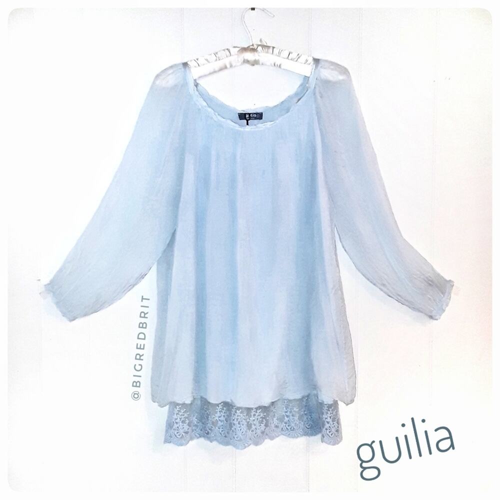 GUILIA Silk Babydoll Peasant Top Blue 3/4 Length Sleeves Size L Soft Lightweight